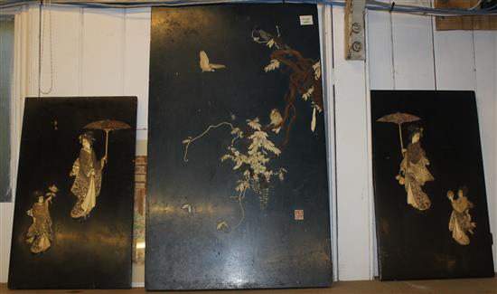Three Japanese ivory and bone overlaid lacquer panels